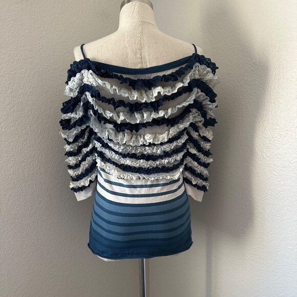 Jean Paul Gaultier Ruffled Blue & White Striped Lace Top Spaghetti Straps Sz S - Picture 2 of 16